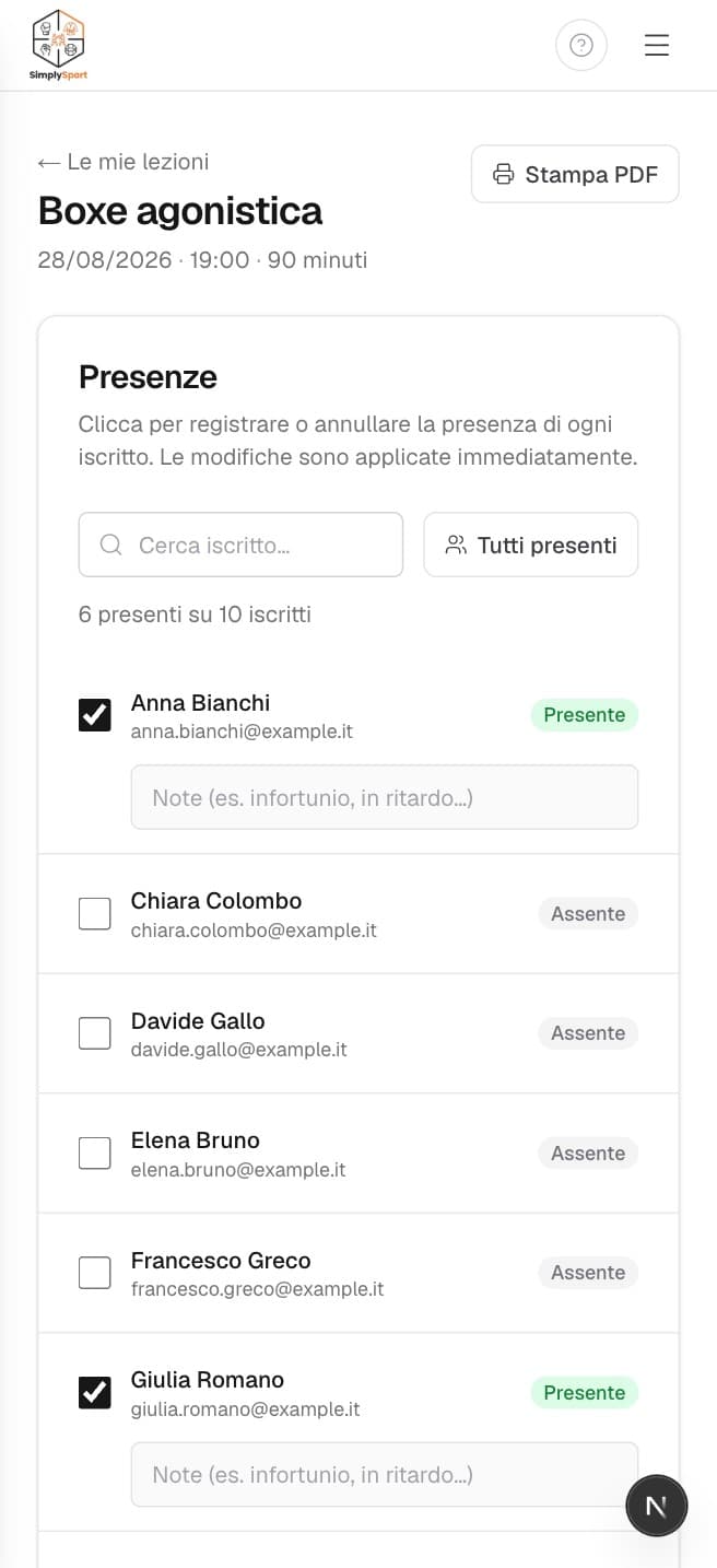 Vista mobile del check-in lezione, con l'elenco degli iscritti e lo stato presente/assente