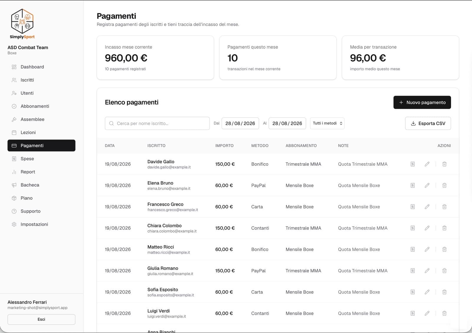 Elenco pagamenti con data, importo, metodo di pagamento e azione per scaricare la ricevuta